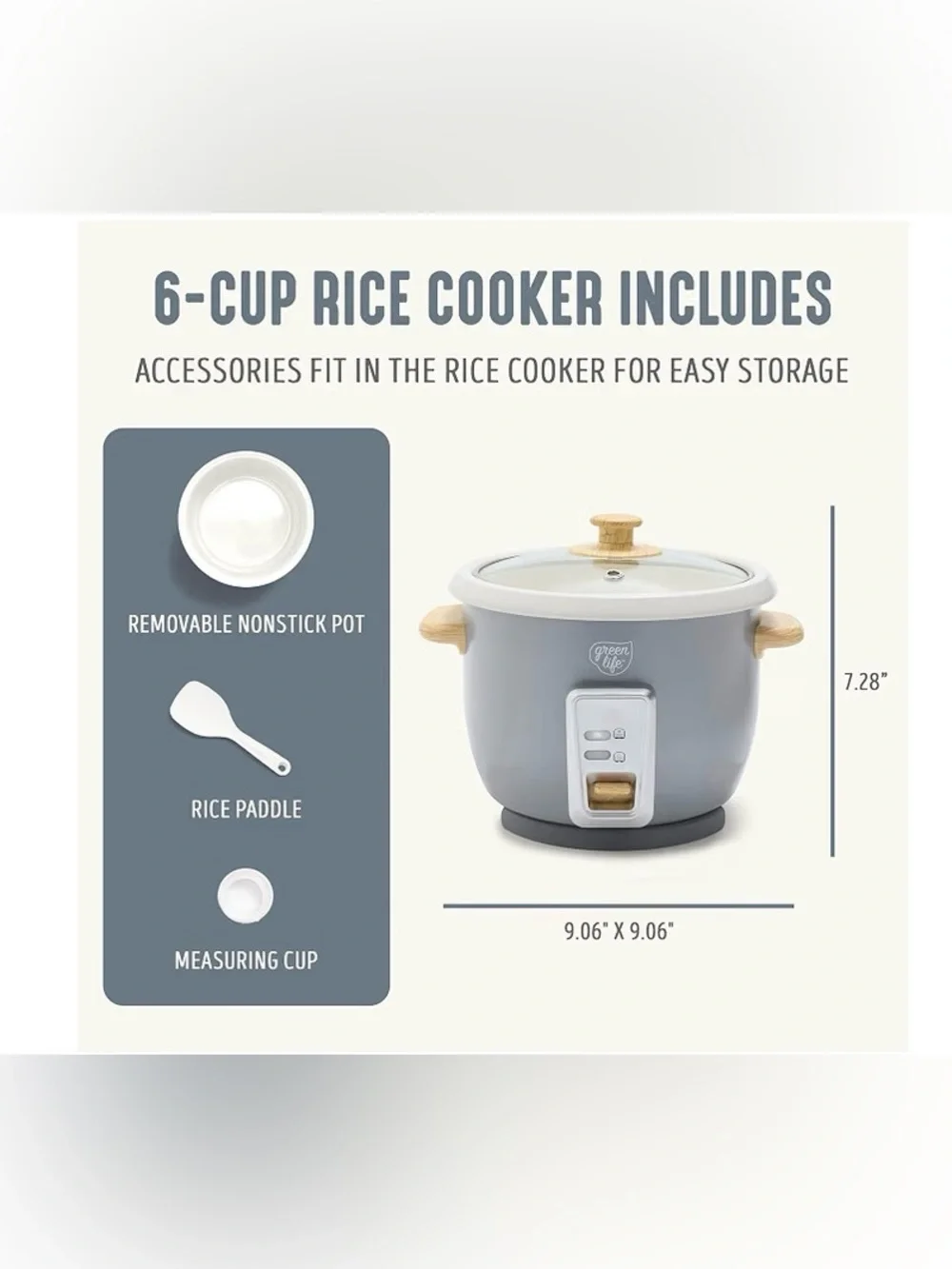 GreenLife Rice Cooker, 3-Cups Uncooked/6-Cups Cooked, Gray New